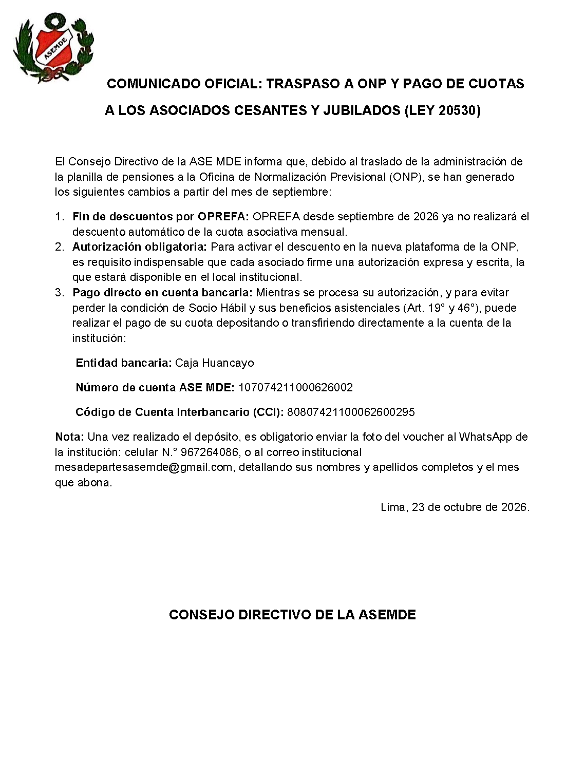 Comunicado institucional ASEMDE 1 de 4